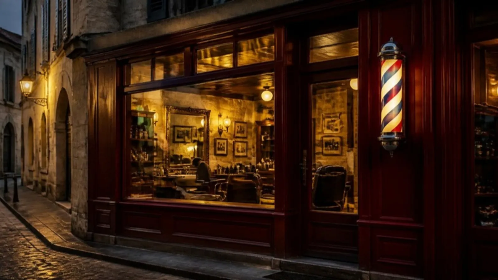 Devanture rouge d’un salon de barbier à la tombée de la nuit, vitrine éclairée et enseigne rayée