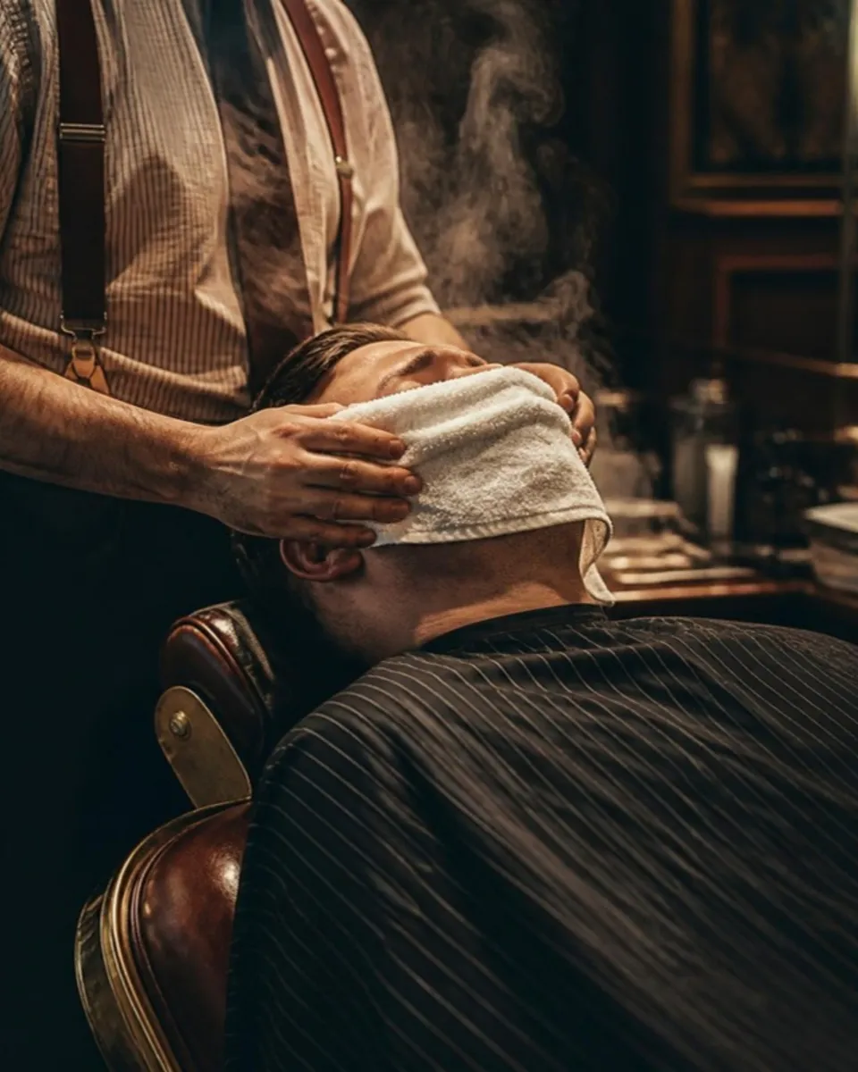 Serviette chaude fumante posée sur le visage d’un client